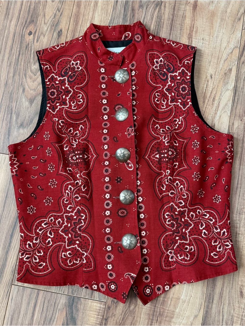 Retro Vintage Cactus Flower Bandana Print Vest Large Silver Aztec Buttons Size:M - Picture 3 of 8